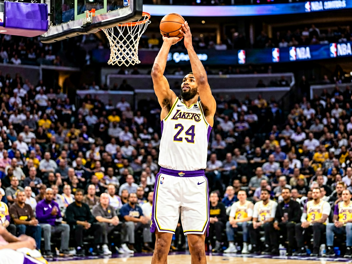NBA比赛现场，球员投篮瞬间